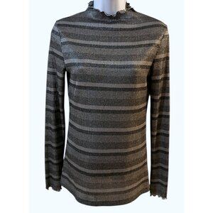 Endless‎ Rose Mock Neck Metallic Striped Lettuce Trim Long Sleeve Top Womens  Sm